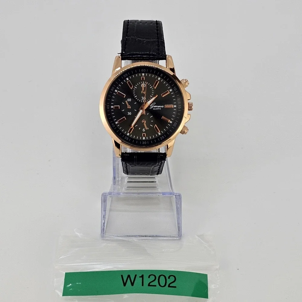 Men's Watch Analog 40MM Black Dial Black Faux Leather Bands New Battery